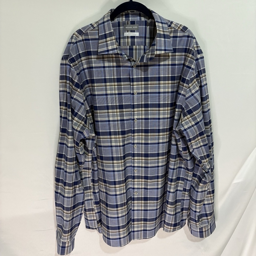 Michael Kors Mens Shirt New XXL 18.5 36/37 Blue Gray Plaid Regular Fit Button up